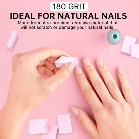 Mini Nail Buffer Blocks Set 100 180 Grit for Nail Prep and Gel Polish in use on natural nails, pink design