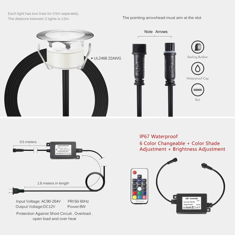 Outdoor RGB Deck Lights Waterproof Stainless Steel Recessed Pathway Garden Lighting Kit 10 Pack With Silver Border For Steps Patio Stairs And Walkways Today details include wiring and connectors, remote control, and IP67 waterproof features.