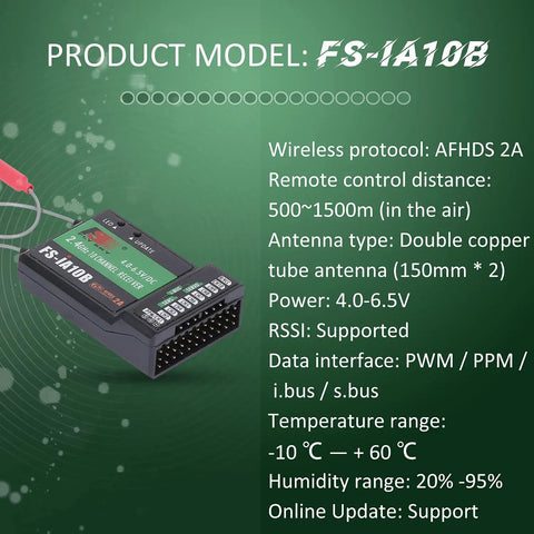 10 Channel FS-iA10B 2.4GHz AFHDS 2A Receiver for RC drones, airplanes, gliders, helis with specifications background
