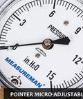 Close-up of diaphragm type capsule low pressure gauge with 2-1/2 inch dial, 0-15 In H2O indicator, for air and water.