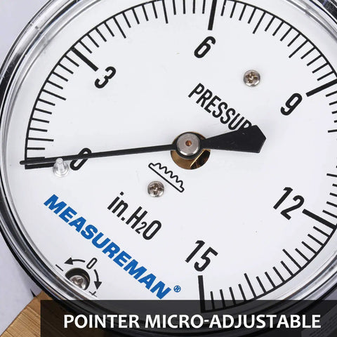 Close-up of diaphragm type capsule low pressure gauge with 2-1/2 inch dial, 0-15 In H2O indicator, for air and water.