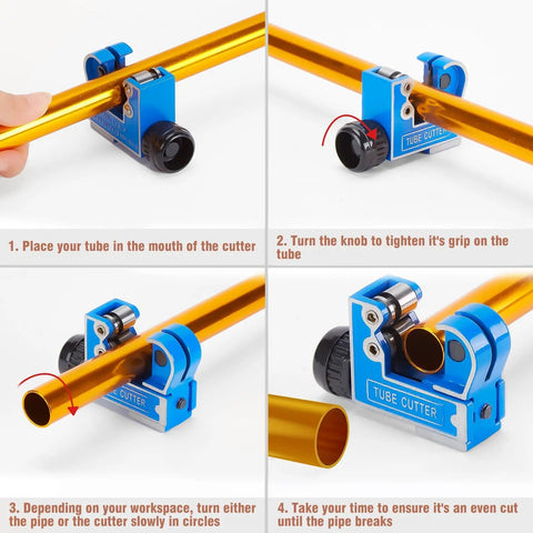 Pro Grade Copper Pipe Cutter And Expander Drill Bit Tools Set Swaging HVAC Deburring Kit in use on copper tubing