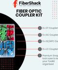 FiberShack fiber optic coupler kit in clear snap-lock case; includes 8 ST, 5 SC, 5 SC/APC, and 8 LC couplers.
