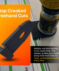 Router Rail Adapter For DeWalt DCW600 attached to a trim router next to a track guide, preventing crooked freehand cuts.
