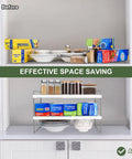 Expandable Kitchen Wrap Box Organizer Rack With Custom Adjustable Width And Height For Foil Paper Towel Storage In Pantry Cabinet Or Counter organizing kitchen essentials on a shelf.
