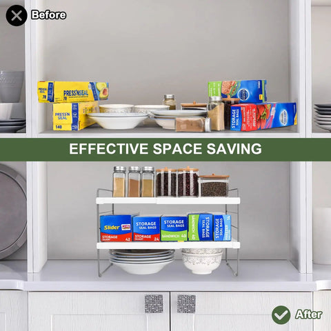 Expandable Kitchen Wrap Box Organizer Rack With Custom Adjustable Width And Height For Foil Paper Towel Storage In Pantry Cabinet Or Counter organizing kitchen essentials on a shelf.