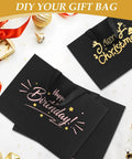 Black Gift Bags With Handles And Tissue Paper Set, 8 By 5 By 10 Inches, 4 Pack, Dope Gift Bags For Birthdays, Weddings, Baby Showers, Holidays, Fathers Day And More, with 'Merry Christmas' and 'Happy Birthday' designs.