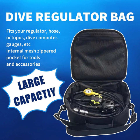 Open scuba regulator bag with full padding, showcasing regulator gear, mesh pocket, and adjustable shoulder strap.