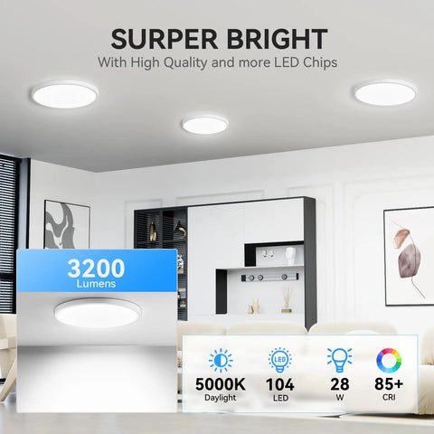 Six Pack 3200 Lumen LED Flush Mount Ceiling Light 12 Inch Slim Daylight 5000K installed in modern living room