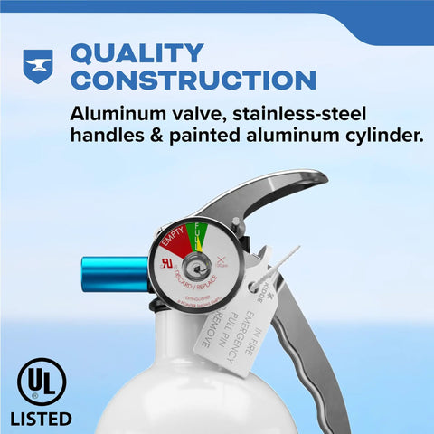 Rock Solid Heavy Duty 5 Lb Dry Chemical Fire Extinguisher For Boats And Watercrafts Class B And C Rated With 12X Corrosion Resistance Aluminum Body Fast Discharge No Nonsense Marine Safety Gear