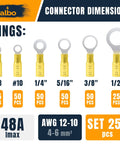 Yellow Beefed Up Heat Shrink Ring Terminal Kit 250 Pieces 12 To 10 AWG Six Sizes Waterproof Tinned Copper Connectors