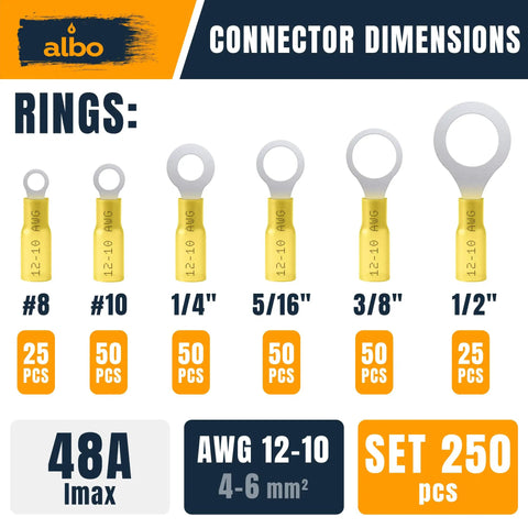 Yellow Beefed Up Heat Shrink Ring Terminal Kit 250 Pieces 12 To 10 AWG Six Sizes Waterproof Tinned Copper Connectors