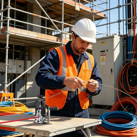 Man in safety gear using Heavy Duty Copper Wire Stripping Machine For Scrap Recycling Manual And Electric Operation With Hand Crank Or Drill Compatibility.
