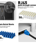 All In One Ethernet Crimping Tool Kit With Pass Through RJ45 Crimper Cable Tester Wire Cutters Pliers Network Cable Stripper Mini Stripper And 50 Cat6 Pass Through Connectors With Strain Relief Boots For Cat7 Cat6 Cat5 Networks connectors and strain relief boots