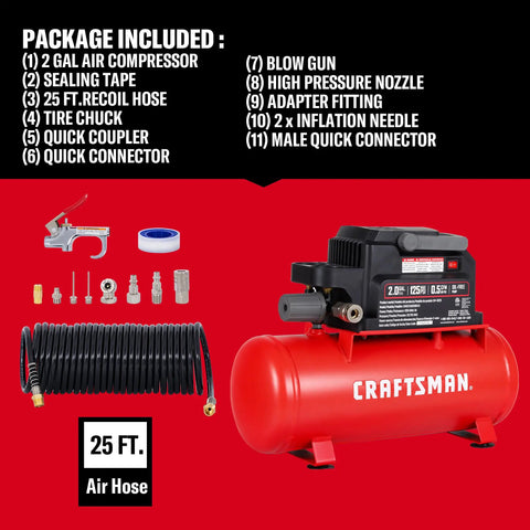 Craftsman 2 Gallon Portable Air Compressor Oil-Free With Accessory Kit Hot Dog Tank For Tire Inflation Nailing Home DIY Projects Compact And Powerful Tool Ready To Work Right Out The Box
