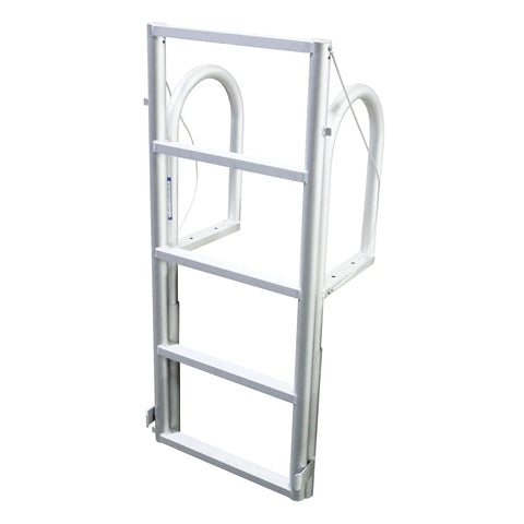 Sliding Dock Ladder 5 Steps No Fuss, Sturdy Aluminum Welded Build, Easy Assembly With Common Tools, Keeps a Permanent Mount Yet Removable From the Water, Minimal Boat View Obstruction, Durable Hardware, Backed by a Two Year Warranty. 5-step aluminum dock ladder