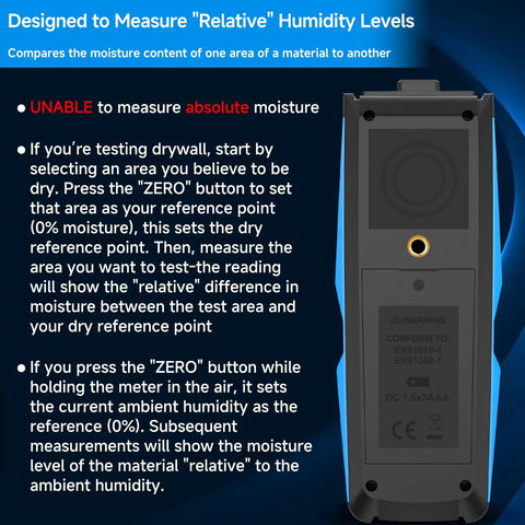Pinless Wood Moisture Tester for Firewood and Home Projects, Fast Moisture Meter With Easy Readout, Detects Wood Wetness and Leaks, Handy Home Improvement Tool shown back view with text on relative humidity