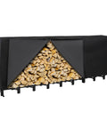 Heavy Duty 12 Foot Firewood Rack with cover for outdoor storage, large black log rack holds three quarters face cord, tubular steel frame.