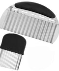 Stainless steel French fry cutter blade with black ergonomic handle for slicing potatoes into fries