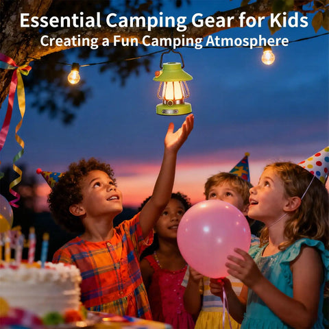 Children reaching for Kid Friendly Lantern With Three Color Modes And USB C Charging during outdoor birthday party at dusk.