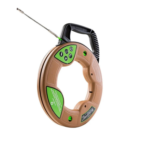 Pro Grade Flexible 125 Foot Fish Tape Tool With Spiral Polymer Core For Smooth Wire Pulling, Brown and Green, Rust Resistant Design