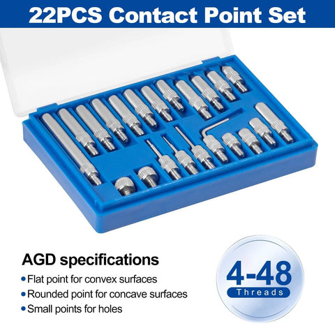 Blue plastic case with 22-piece set of metal dial-indicator contact points.
