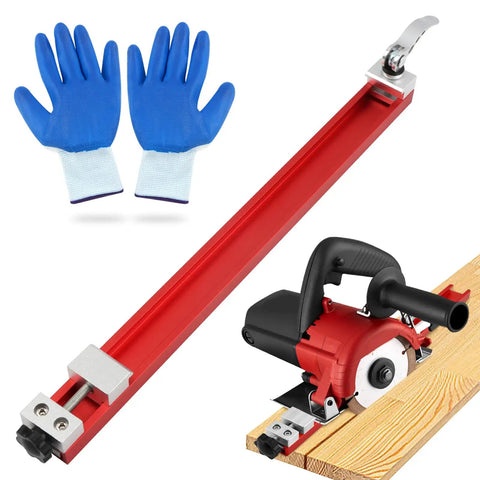 Adjustable Aluminum Circular Saw Guide Rail With Dual Lock For 360mm Saw Base, Pro Grade Accurate Cutting And Milling Tasks shown with saw and gloves