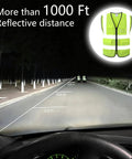 Your Go To Hi Vis Reflective Safety Vest For Men And Women Plus Super Breathable Mesh Work Gear And Bright Yellow High Visibility Jacket shown on roadway with reflective distances marked.