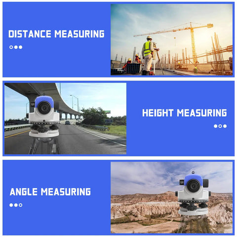 Image showing 32X Optical Auto Level for Transit Survey With 360 Degree Rotary Dials in use for distance, height, and angle measuring.
