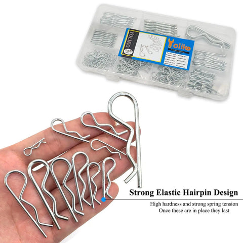 188-Piece Hitch Pin Clip Kit With R Clips And Hair Pin Retaining Pins displayed on a hand, with assorted sizes in plastic case