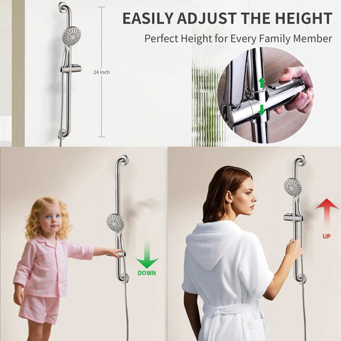 Slide Bar Shower System With Handheld Shower Head And Stainless Steel Grab Bar, Adjustable Height, 69 Inch Hose, Brushed Nickel Finish, ADA Compliant