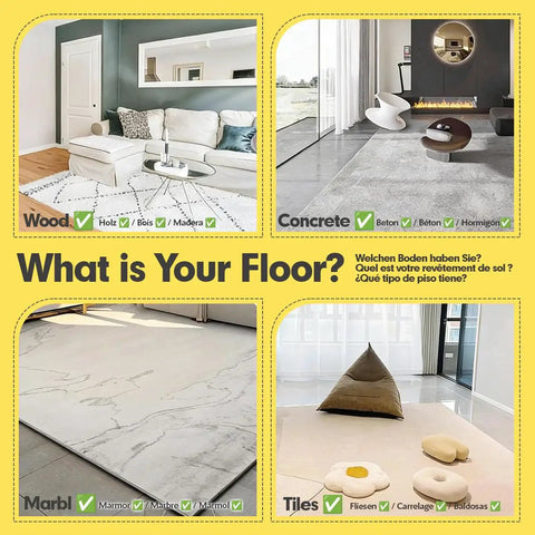 Four room styles with wood, concrete, marble, and tile floors; ideal for Four Pack Non Slip Rug Tape For Hardwood Floors And Tiles.