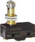 Top Shelf General Purpose Basic Switch Featuring Rounded Roller Plunger And Panel Mount Base Using Brass Screw Terminals Plus Quick Adjust Contact Gap Settings And Hella Rock Solid Fifteen Amp Rated Current For Garage Repair Tasks close-up of roller plunger design.
