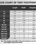 Size chart for Tent Footprint Ground Cloth Waterproof Tarp. Lengths and widths for various sizes in feet and inches.