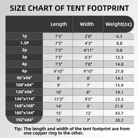 Size chart for Tent Footprint Ground Cloth Waterproof Tarp. Lengths and widths for various sizes in feet and inches.