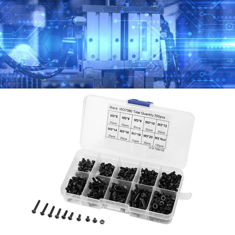 High Quality 300 Piece M3 Bolts And Nuts Set Featuring Black Button Head Hex Socket Screws Durable Machine Fastener Assortment Kit For Home Repair Projects With Organized Storage Box Heavy Duty Hardware Solutions Gets The Job Done Right Great Value Today, black M3 screws in storage box