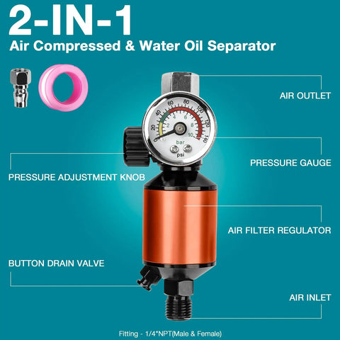 One Quarter Inch NPT Air Regulator And Filter Combo With Drain Valve And Gauge For Paint Sprayer Gun Maximum 140 PSI setup image
