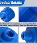 Close-up of blue Six Pack Disposable Mini Air And Water Filter Cartridges For Spray Guns And Air Tools With 1/4 Inch Threads.