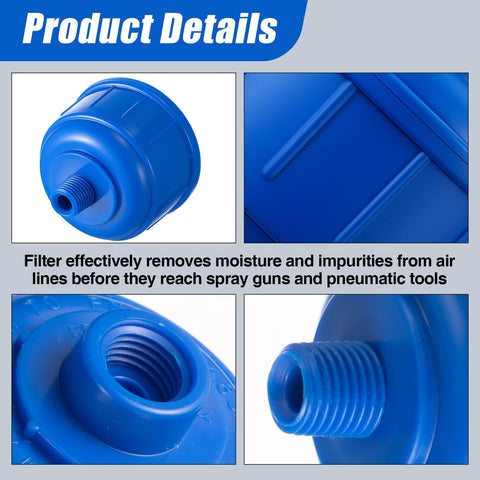 Close-up of blue Six Pack Disposable Mini Air And Water Filter Cartridges For Spray Guns And Air Tools With 1/4 Inch Threads.