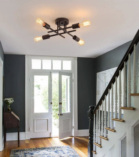 Four Light Black Semi Flush Mount Ceiling Light With Industrial Mid Century Vibe for Hallway Bathroom Bedroom Kitchen Dining Room Porch and Laundry UL Listed in modern hallway setting.