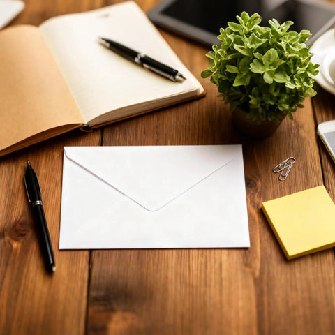 Bulk 250 White Paper Envelopes 6.26 By 4.25 Inches For Checks Cash Invoices Postcards And Mailing Supplies on a wooden desk