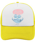 Yellow Unisex Sport Trucker Cap With Adjustable Buckle For All Day Comfort featuring blue birds and text "Oh, hello 1st Graide."