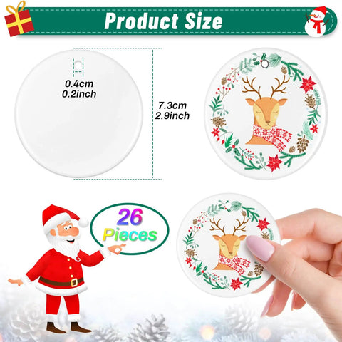 Great Value Set Of 26 Round Ceramic Sublimation Ornament Blanks 2.87 Inch With Gold String Lanyards For DIY Christmas Decor