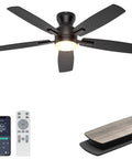 Sleek 52 Inch Low Profile Ceiling Fan In Matte Black With Bright SMD LED Lights Riding On A Dead Silent Reversible DC Motor Controlled Easy By Smart App Or Hand Held Remote, featuring remote and blades.