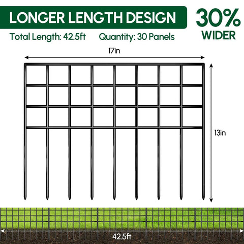 Diagram of No Dig Garden Fence Panels For Outdoor Yard, 30 Rustproof Metal Barriers, 42.5 Feet Long By 13 Inches High