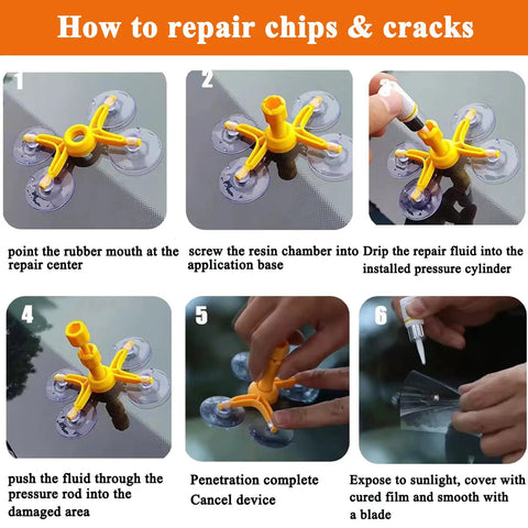 Six-step guide using Windshield Repair Kit With Glass Repair Fluid 4 Piece Set For Chips And Cracks Quick Fix No Hassle Star Shaped Cracks