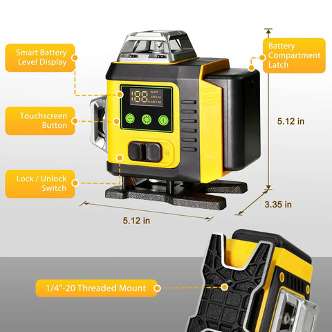 360 Degree Self Leveling Laser Level With Tripod For Construction, Green 4D Laser, High Visibility And Precision, Safe Class II, Bright Line And Dot Projection, Ideal For Layout, Elevation, Plumb, And Leveling Projects. 5.12 x 5.12 x 3.35 in laser level with touchscreen and 1/4-20 mount