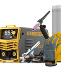 Garage Ready Bang-For-Your-Buck 135A Stick And Lift TIG Arc Welder With 110V Power, pictured with TIG Torch, electrodes, and gloves.