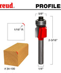 Diagram showing One Sixteenth Inch Radius Rounding Over Router Bit With Quarter Inch Shank for softening furniture edges