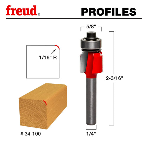 Diagram showing One Sixteenth Inch Radius Rounding Over Router Bit With Quarter Inch Shank for softening furniture edges